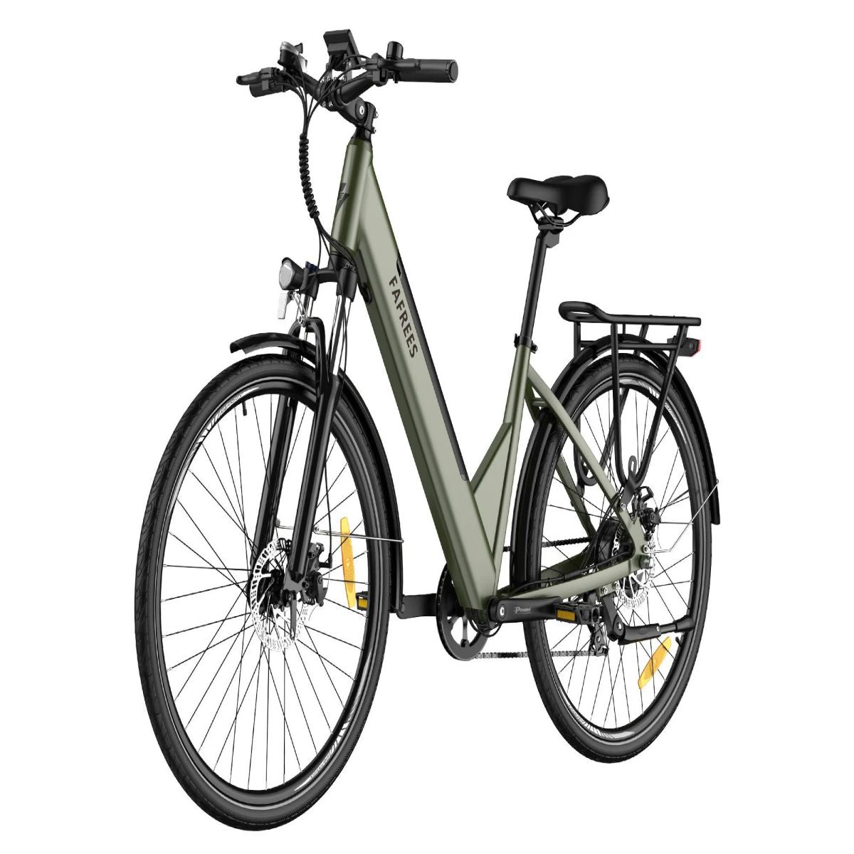 Ein olivgrünes Elektrofahrrad. Es hat schwarze Räder und einen schwarzen Sitz. Der Markenname ist FAFREES.