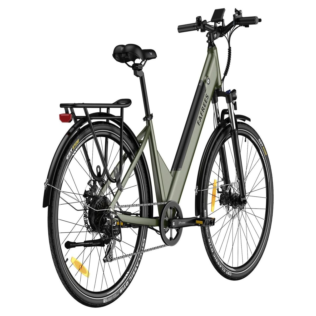 Grünes und schwarzes Elektrofahrrad von hinten. Es hat einen schwarzen Gepäckträger und Schutzbleche.