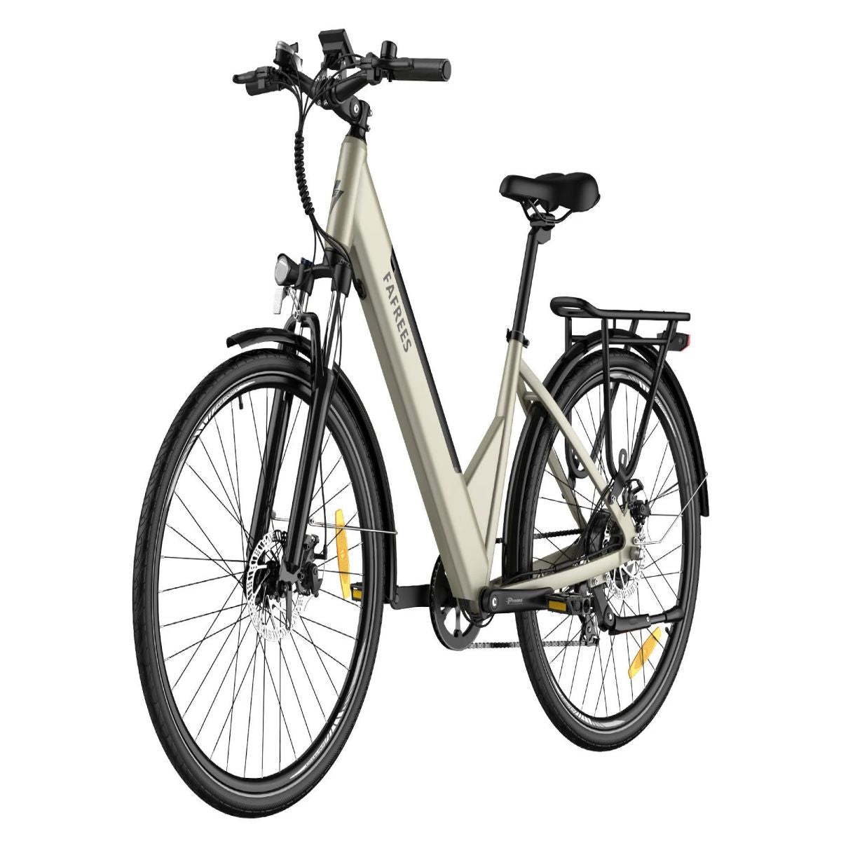 Ein beiges Elektrofahrrad. Es hat einen schwarzen Lenker und schwarze Reifen.
