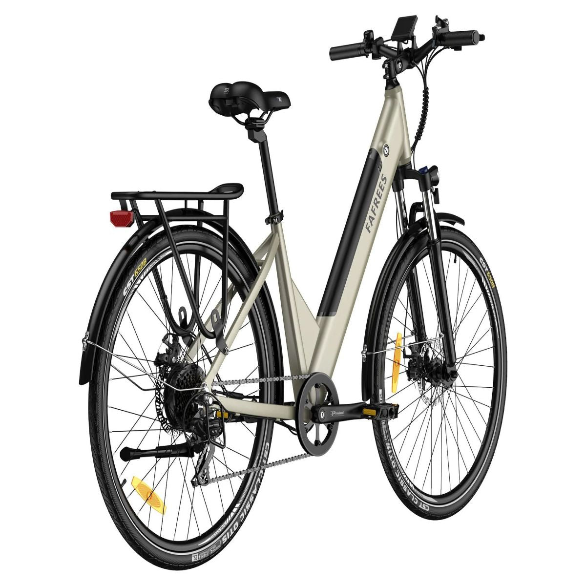 Ein hellgraues Elektrofahrrad mit schwarzen Reifen und einem Akku, vor weißem Hintergrund.