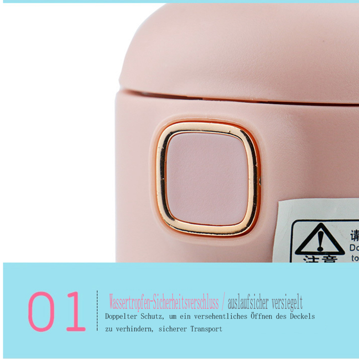 Nahaufnahme eines rosa Behälters mit Text in einer Blase und einem quadratischen goldenen Knopf.