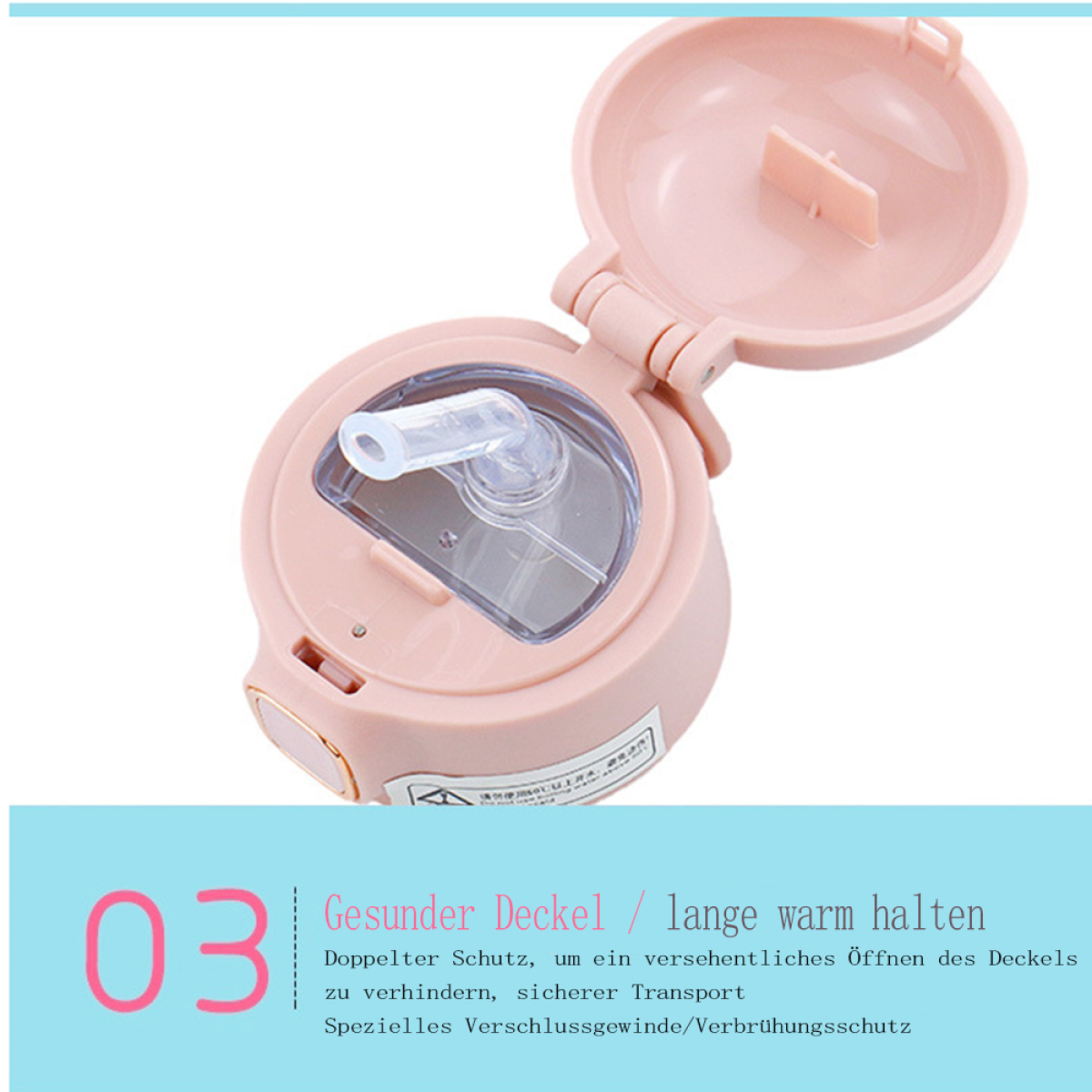 Eine rosa Babyflasche mit Klappdeckel. Die Flasche ist geöffnet und zeigt das Innere.