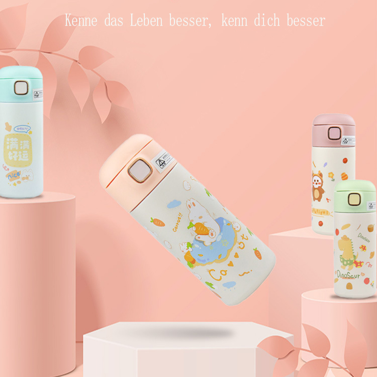 Mehrere isolierte Flaschen mit Cartoon-Designs, die auf einem rosa Hintergrund stehen.