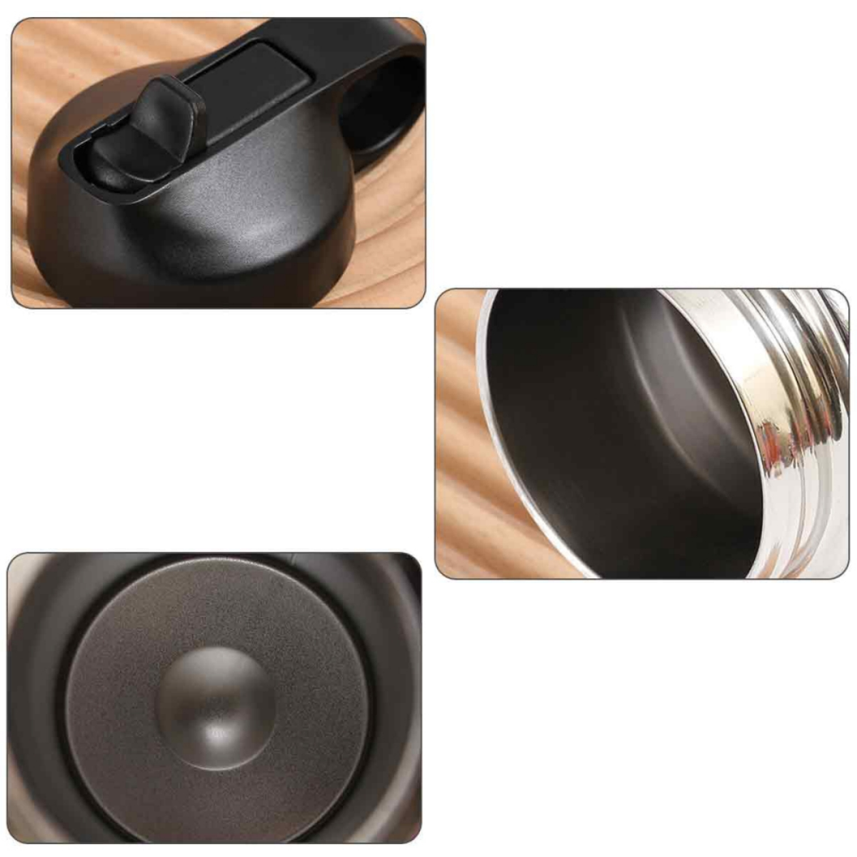 Nahaufnahme eines schwarzen Flaschenverschlusses und des Inneren einer Edelstahl-Thermoskanne.