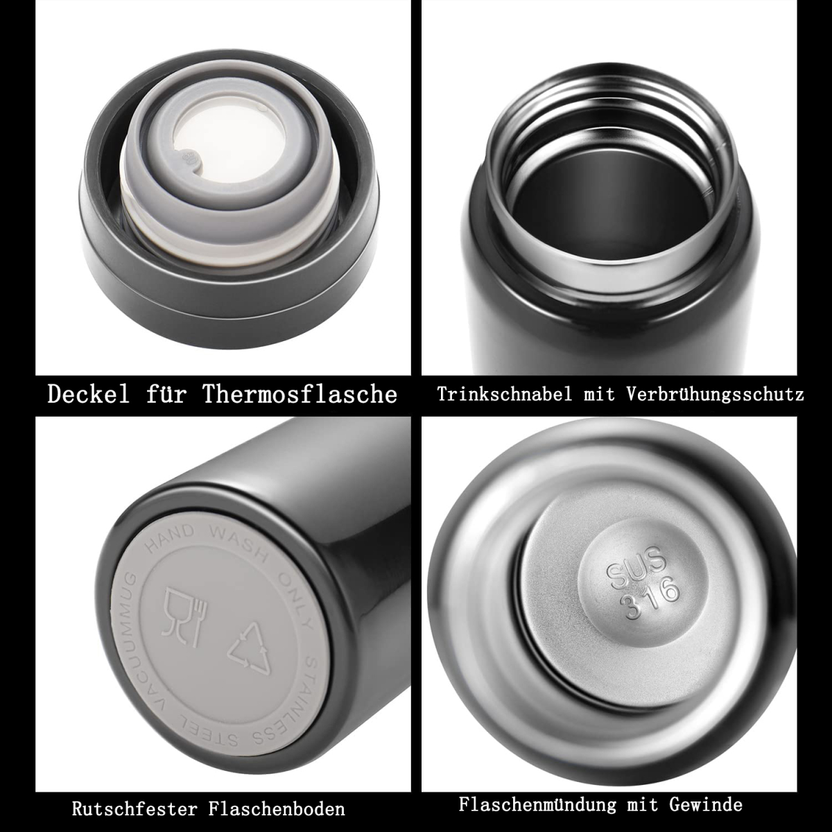 Vier Bilder einer schwarzen Wasserflasche. Zeigt Deckel, Innenraum, Boden und Gewinde.