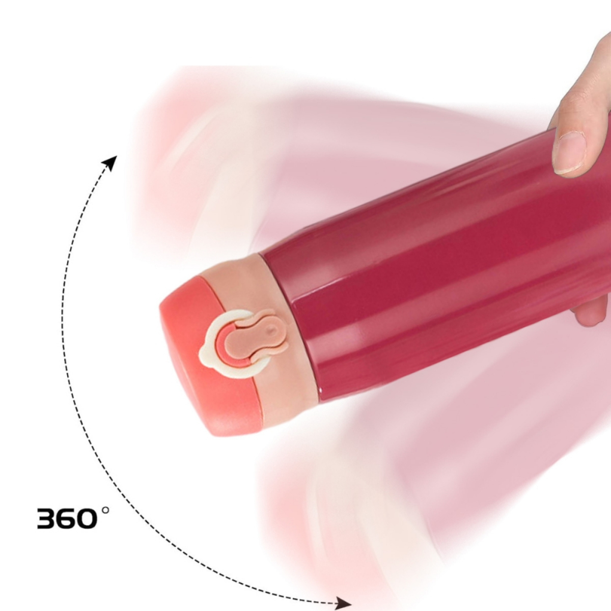 Roter Reisebecher mit Deckel, eine Hand hält ihn. Ein 360-Grad-Rotationspfeil wird gezeigt.