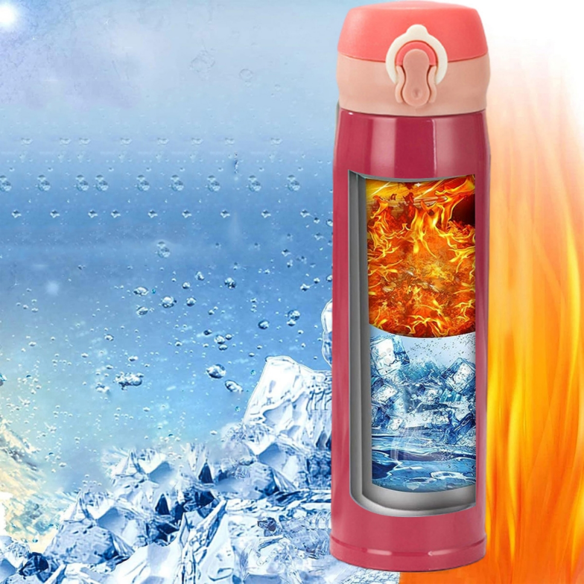 Thermoflasche im Querschnitt, die heiße und kalte Flüssigkeiten zeigt.