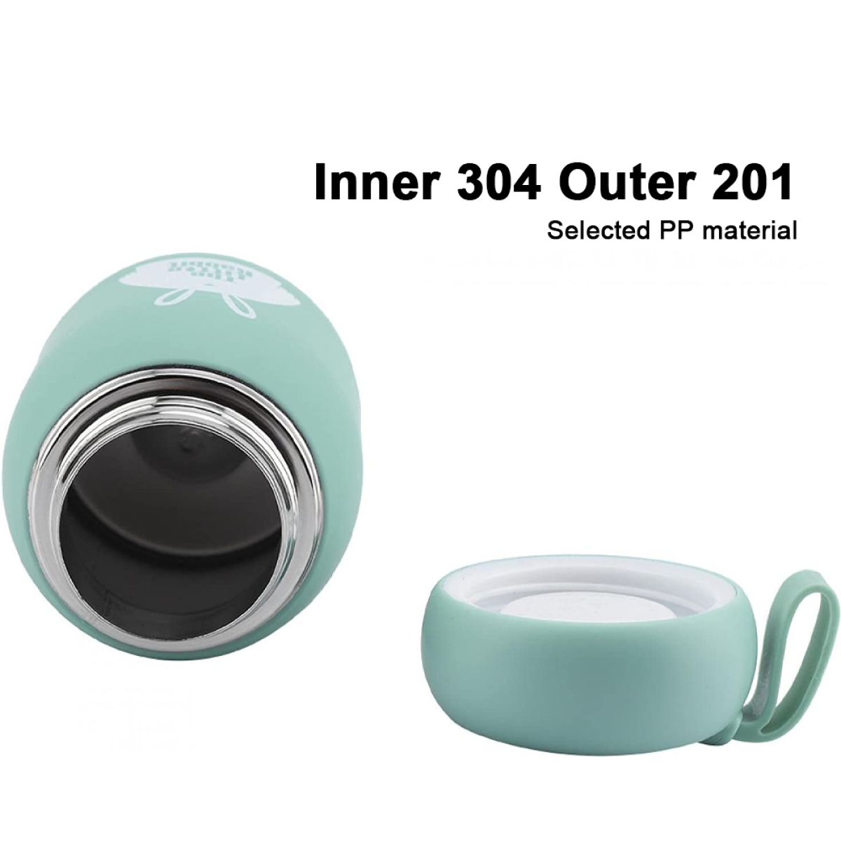 Zwei Ansichten einer mintgrünen Wasserflasche mit Kaninchenmuster und kleinem Griff.