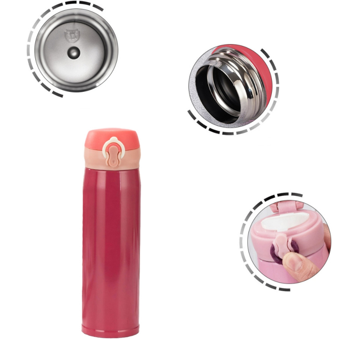 Rote und pinkfarbene Thermoskanne mit Detailaufnahmen des Verschlusses.