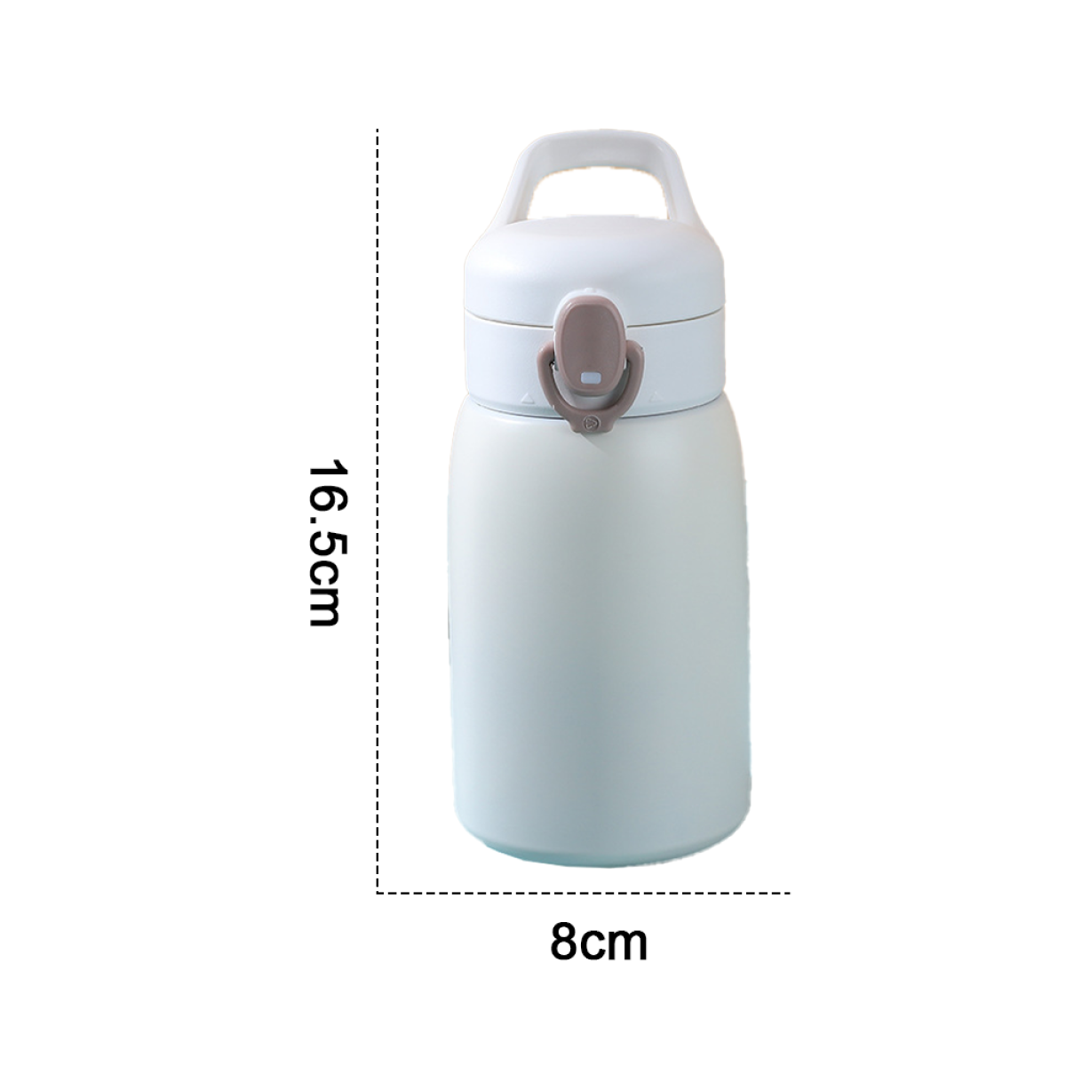 Eine weiße Wasserflasche mit grauem Deckel, neben einer Maßanleitung.