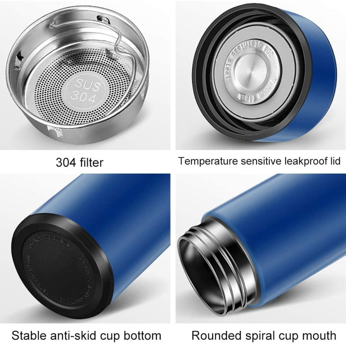 Verschiedene Teile einer blauen Thermoskanne: Filter, Deckel, Boden und Tassenöffnung. Blaue Farbe.