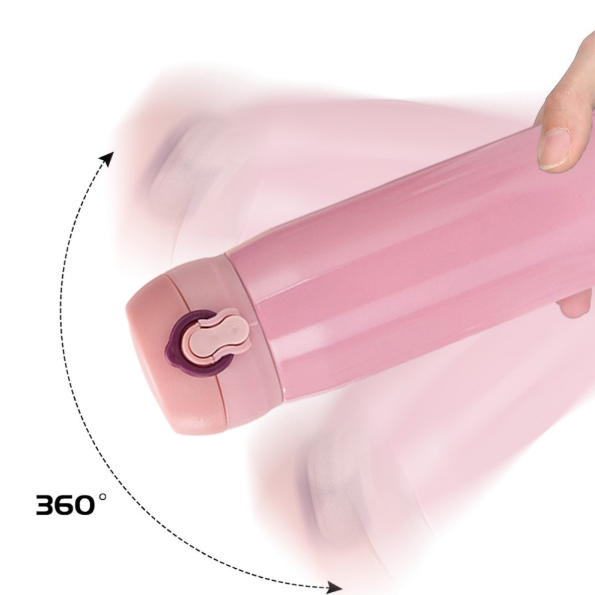 Eine pinke Wasserflasche wird gedreht, mit einem 360°-Rotationssymbol.