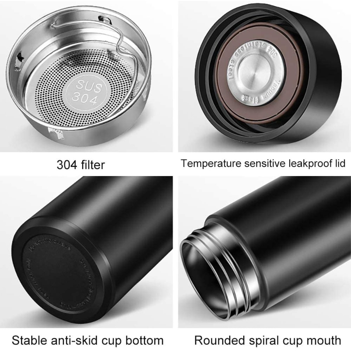 Schwarze isolierte Wasserflasche mit Details von Filter, Deckel und Boden.