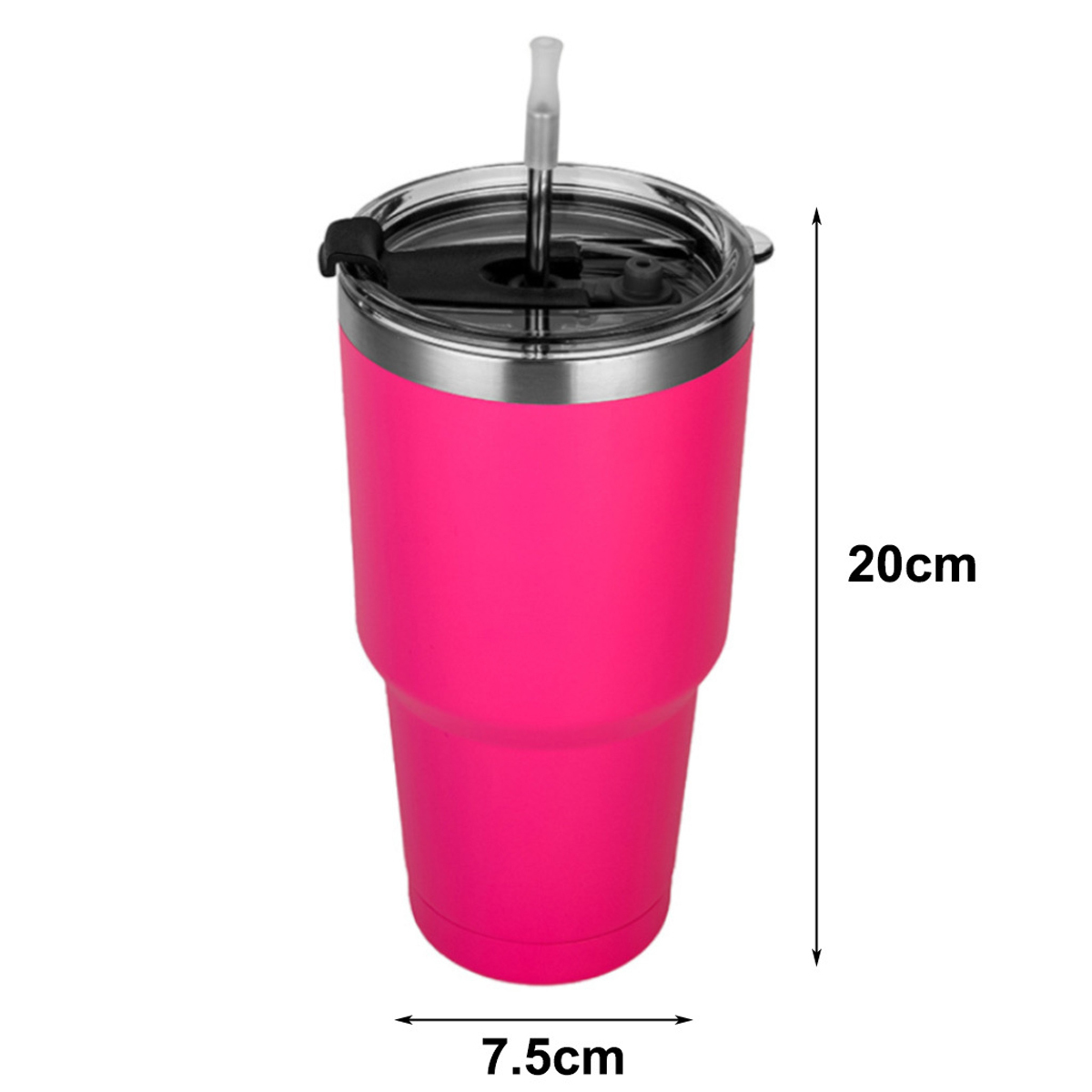 Pinkfarbener Becher mit Deckel und Strohhalm, Maße: 20 cm Höhe und 7,5 cm Breite.