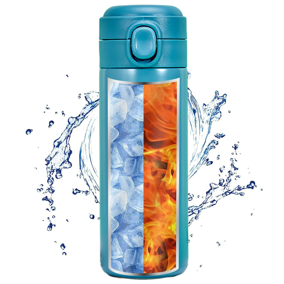 Türkis isolierte Flasche mit Eis- und Feuergrafiken. Wasserspritzeffekt, weißer Hintergrund.