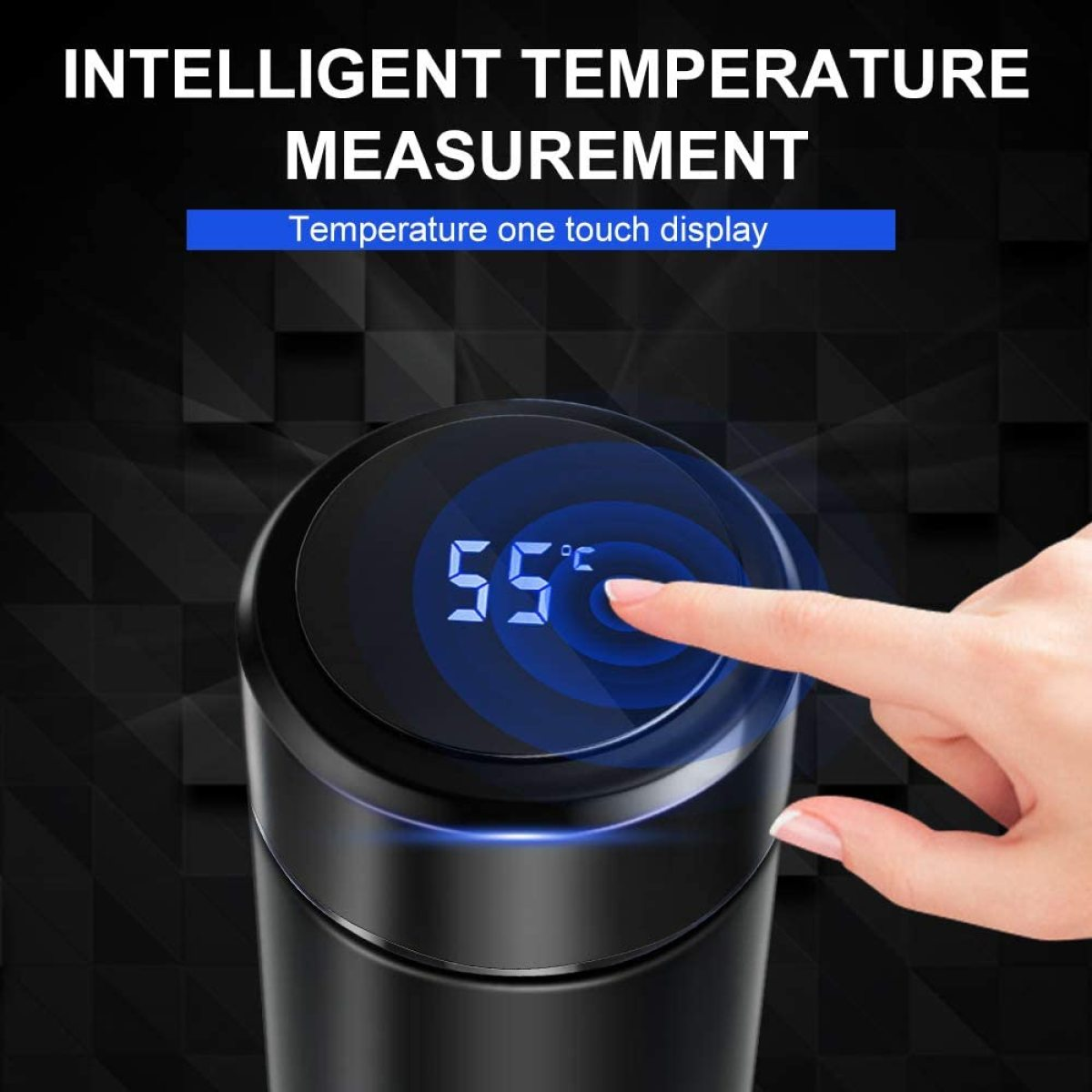 Eine schwarze Edelstahl-Wasserflasche mit Digitalanzeige, die 55 Grad Celsius anzeigt.