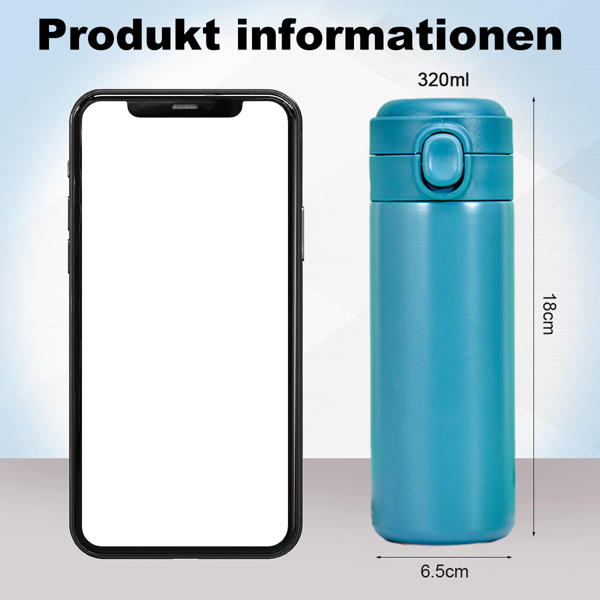 Blaue Thermoskanne neben Telefon mit Maßangaben, weißer Hintergrund.