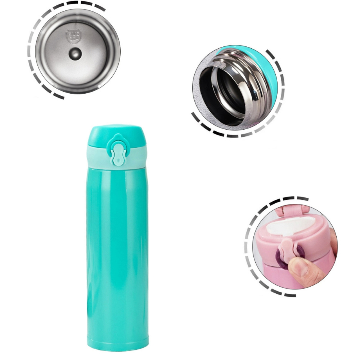 Türkis Thermosflasche mit Deckeldetails, zerlegt dargestellt.