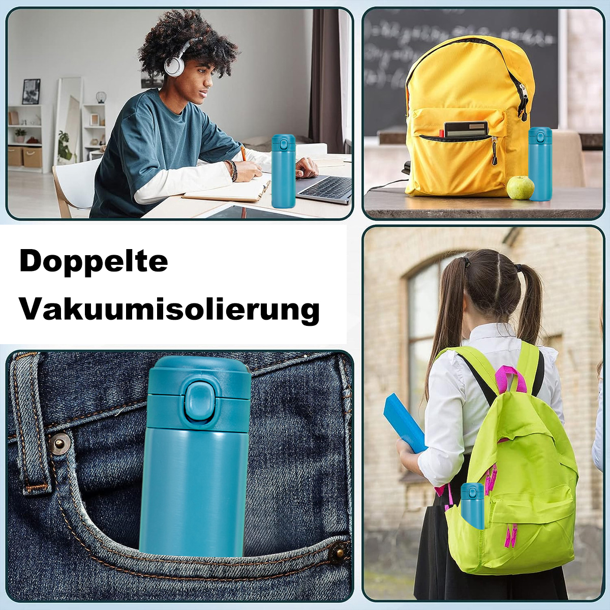 Vier Bilder einer blauen Thermoskanne, die in verschiedenen Umgebungen verwendet wird.