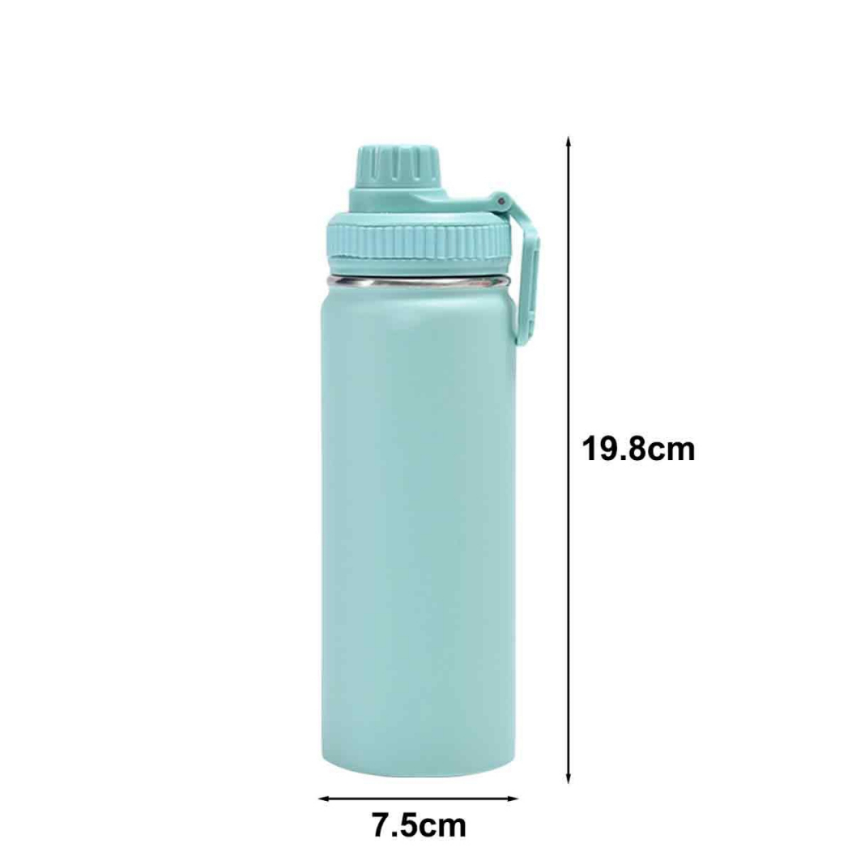 Eine hellblaue Wasserflasche mit grünem Deckel, 19,8 cm hoch und 7,5 cm breit.