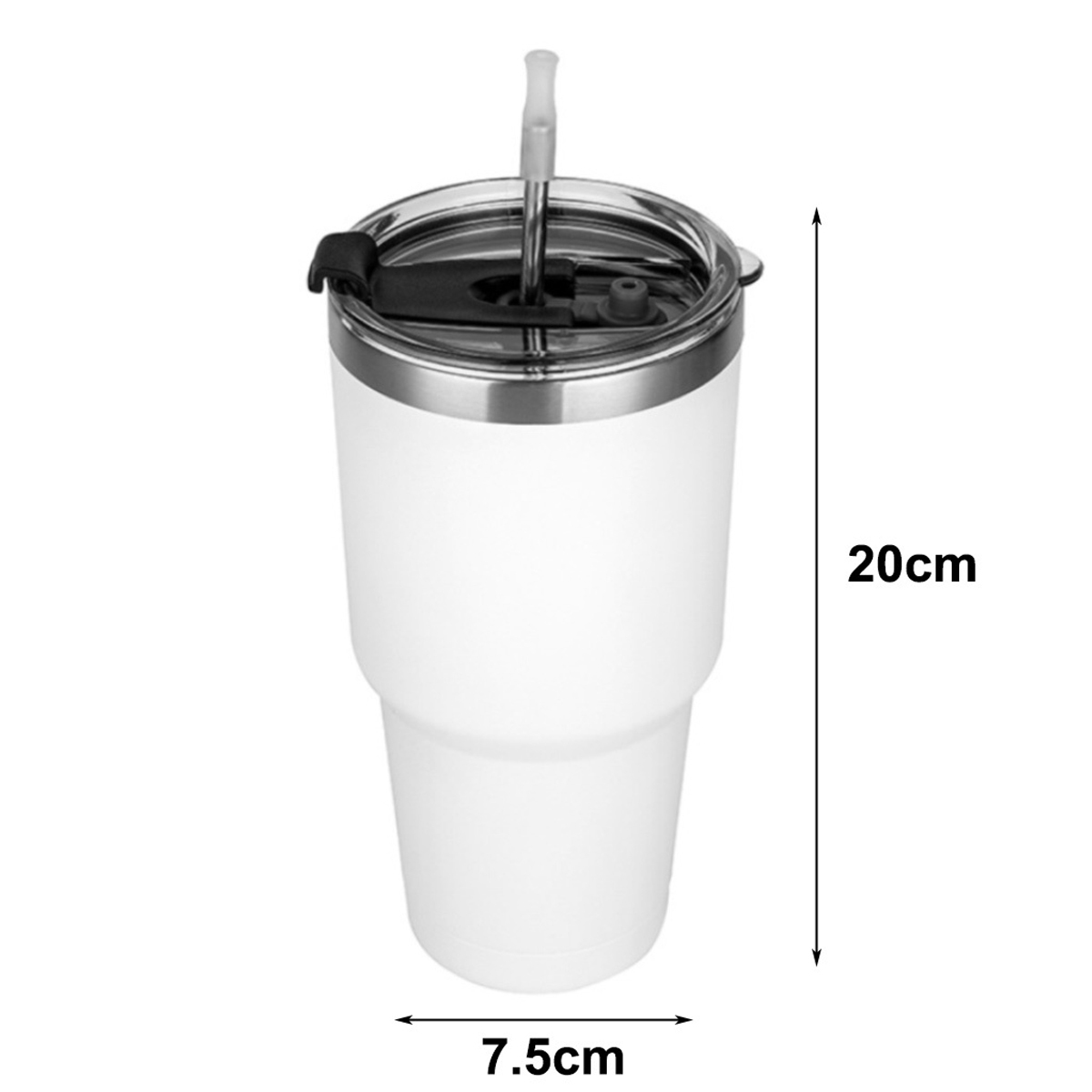 Ein weißer Becher mit Strohhalm und Deckel, mit Größenangaben von 20 cm Höhe und 7,5 cm Breite.