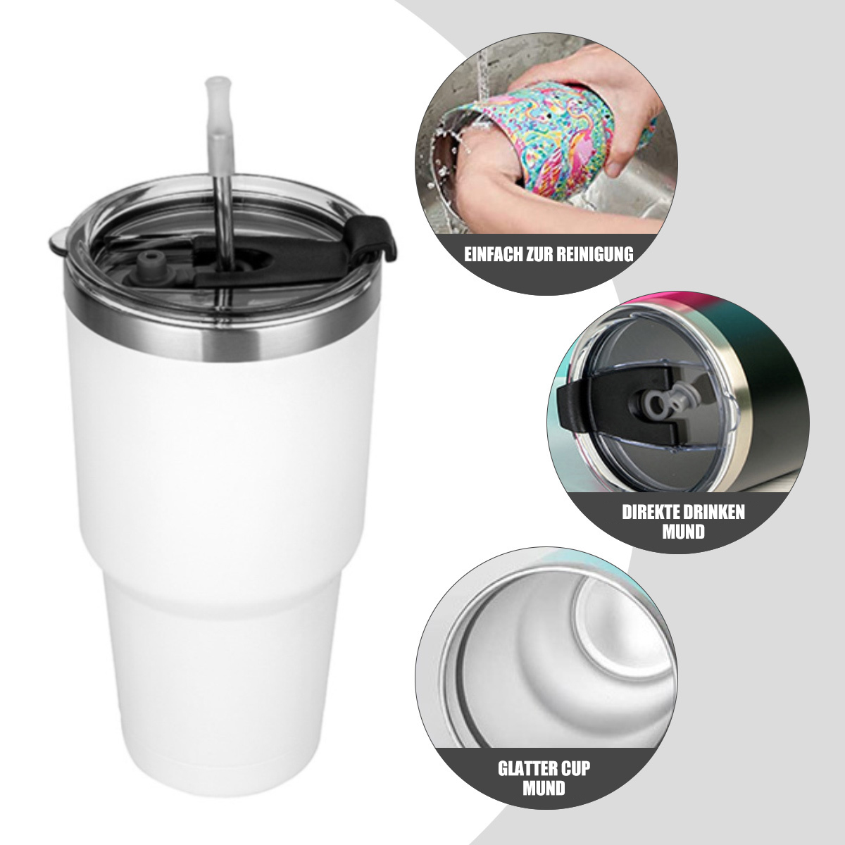 Ein weißer isolierter Becher mit schwarzem Deckel, Metallrand und Strohhalm.