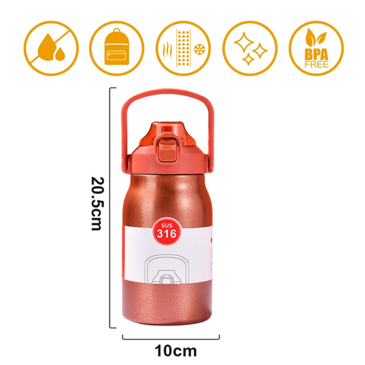 Rotbraune isolierte Wasserflasche mit Henkel, 20,5 cm hoch und 10 cm breit, umgeben von Symbolen.