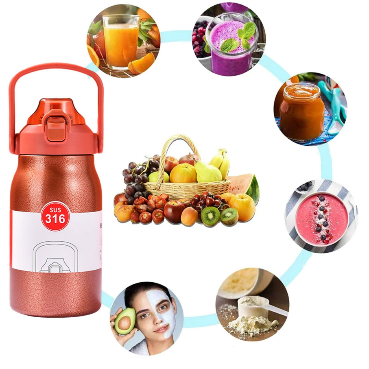 Eine rote Flasche mit Griff, umgeben von Früchten und Smoothies.