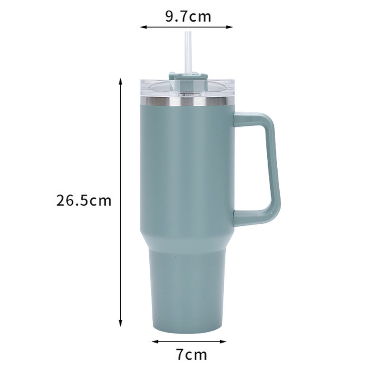 Ein großer türkisfarbener Becher mit Griff und durchsichtigem Deckel. Die Abmessungen sind an der Seite angegeben.