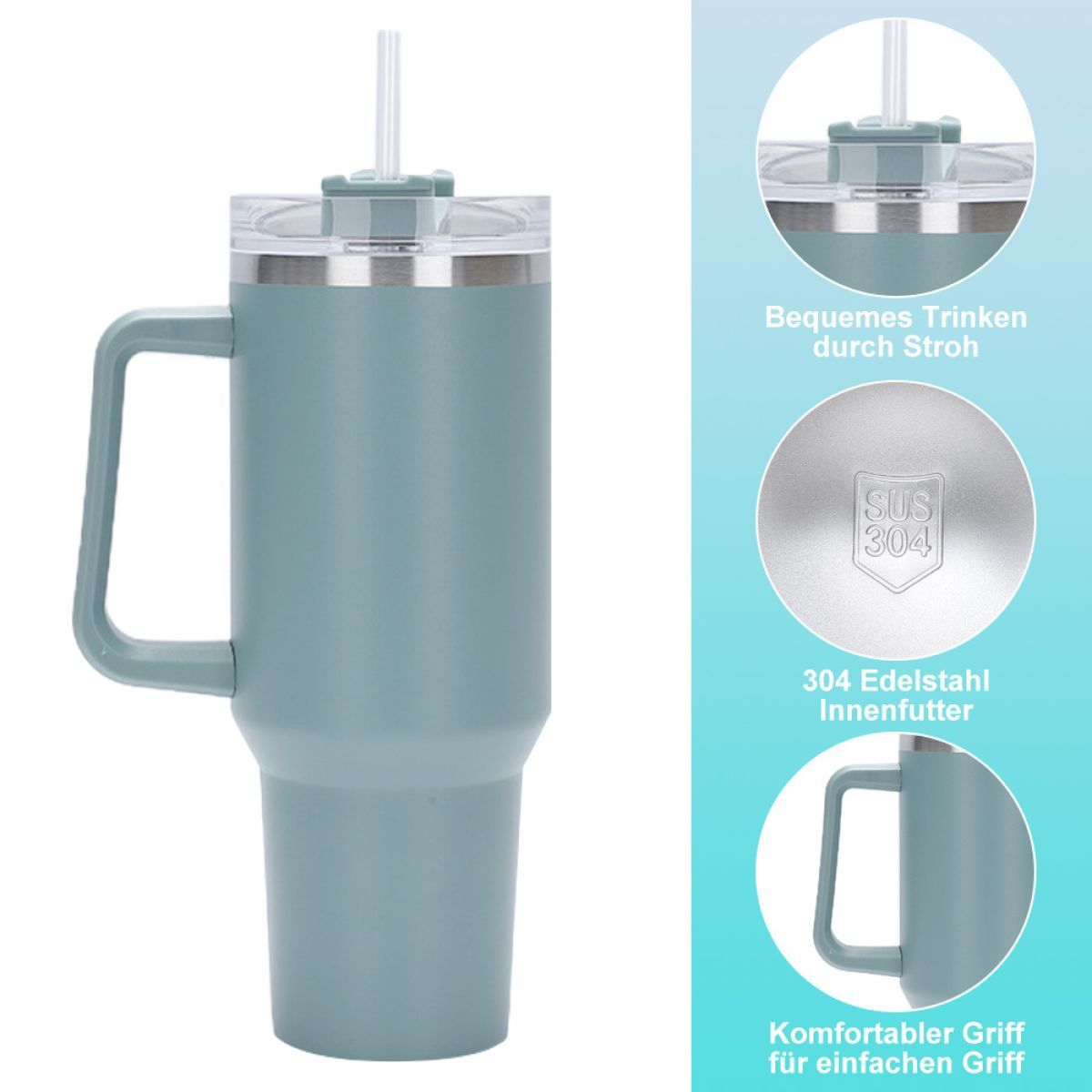 Türkisfarbener isolierter Becher mit Griff, Deckel und Strohhalm. Details zeigen Edelstahl-Innenraum.