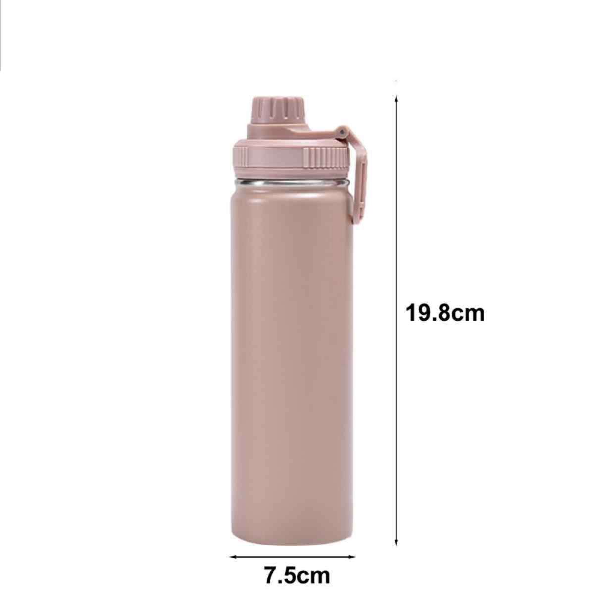Eine rosa Wasserflasche mit beschrifteten Maßen: 19,8 cm hoch, 7,5 cm breit. Deckel und kleiner Griff sichtbar.