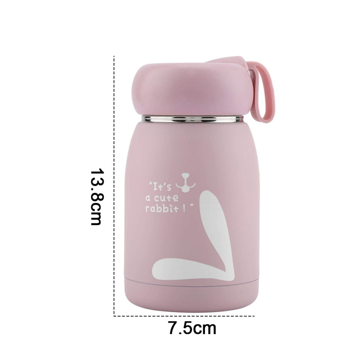 Rosa Thermoskanne im Hasen-Design mit Henkel. Weißer Text: "It's a cute rabbit!" 13,8 cm hoch, 7,5 cm breit.