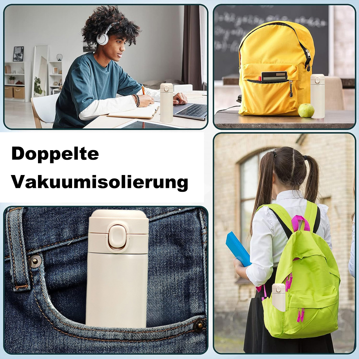 Collage mit Thermoskanne in verschiedenen Kontexten.