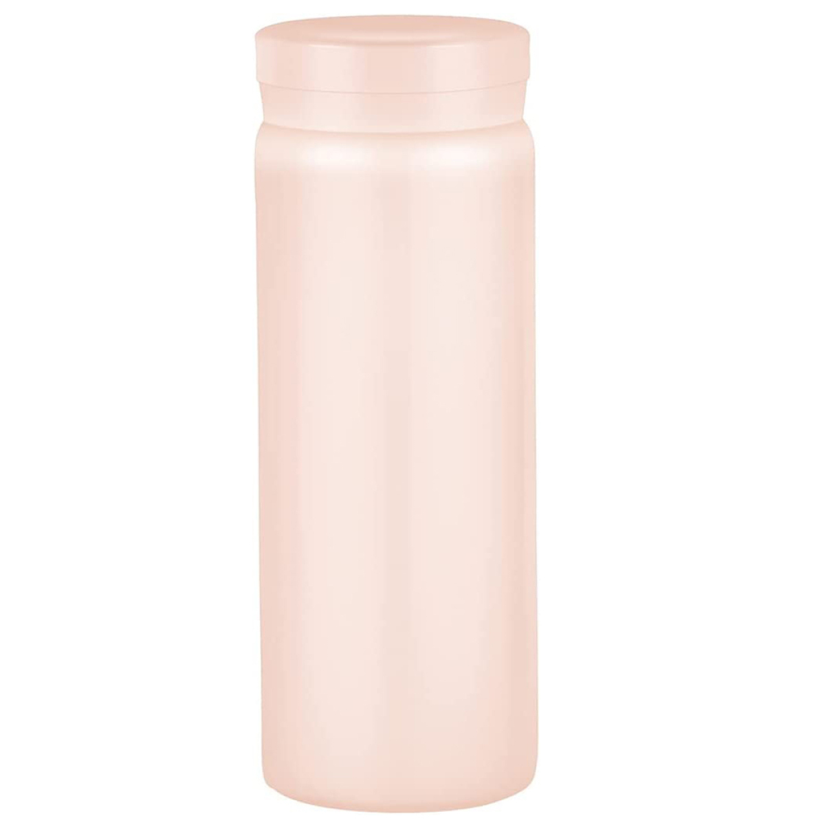 Eine zylindrische, hellrosa isolierte Wasserflasche. Sie hat einen passenden Deckel und eine glatte, saubere Oberfläche.