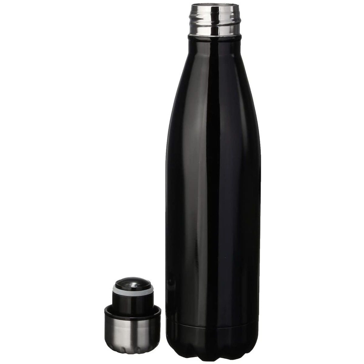 Schwarze, isolierte Wasserflasche. Silberner Deckel und Boden. Die Flasche ist glänzend und zylindrisch.
