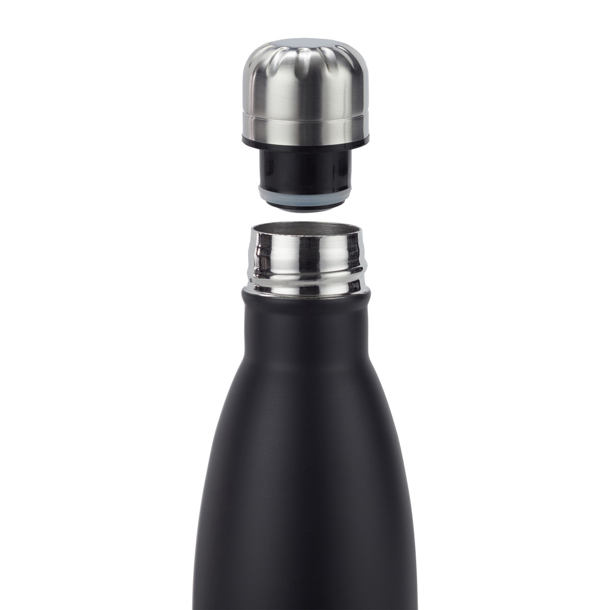 Schwarze Wasserflasche, Deckel abgeschraubt, zeigt die Flaschenöffnung und das Innere des Deckels.