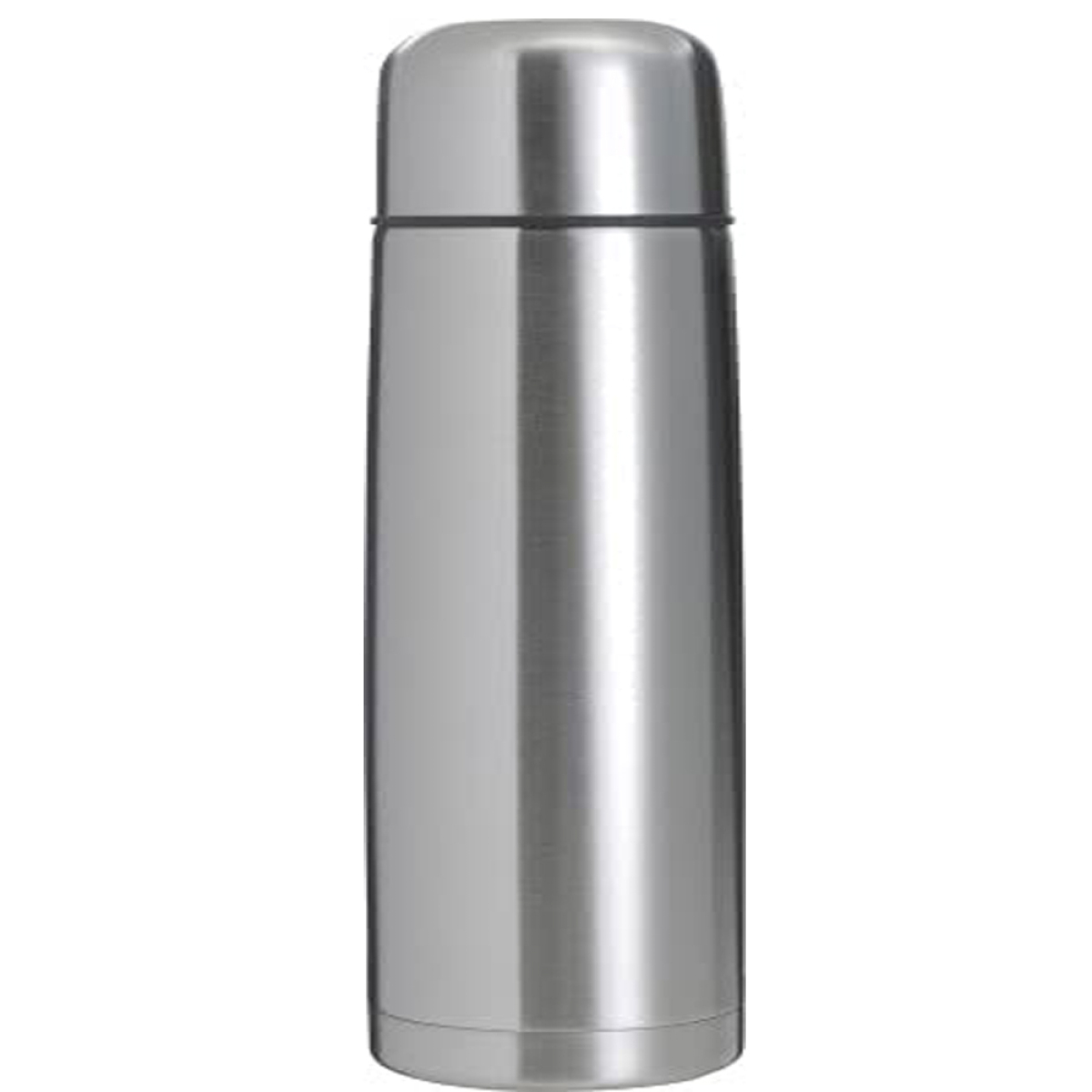 Silberne Thermosflasche. Zylindrische Form, mit dunklem Band oben. Weißer Hintergrund.