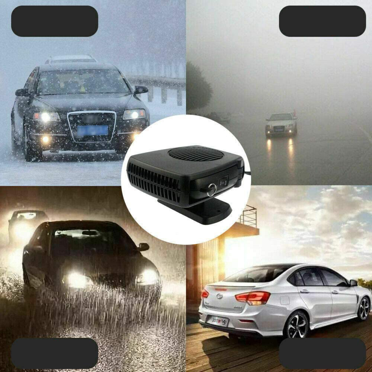 Ein schwarzes Auto mit Schnee, Nebel und Regen. Ein schwarzer Heizlüfter in der Mitte. Nebel- und Schneefahrzeuge.