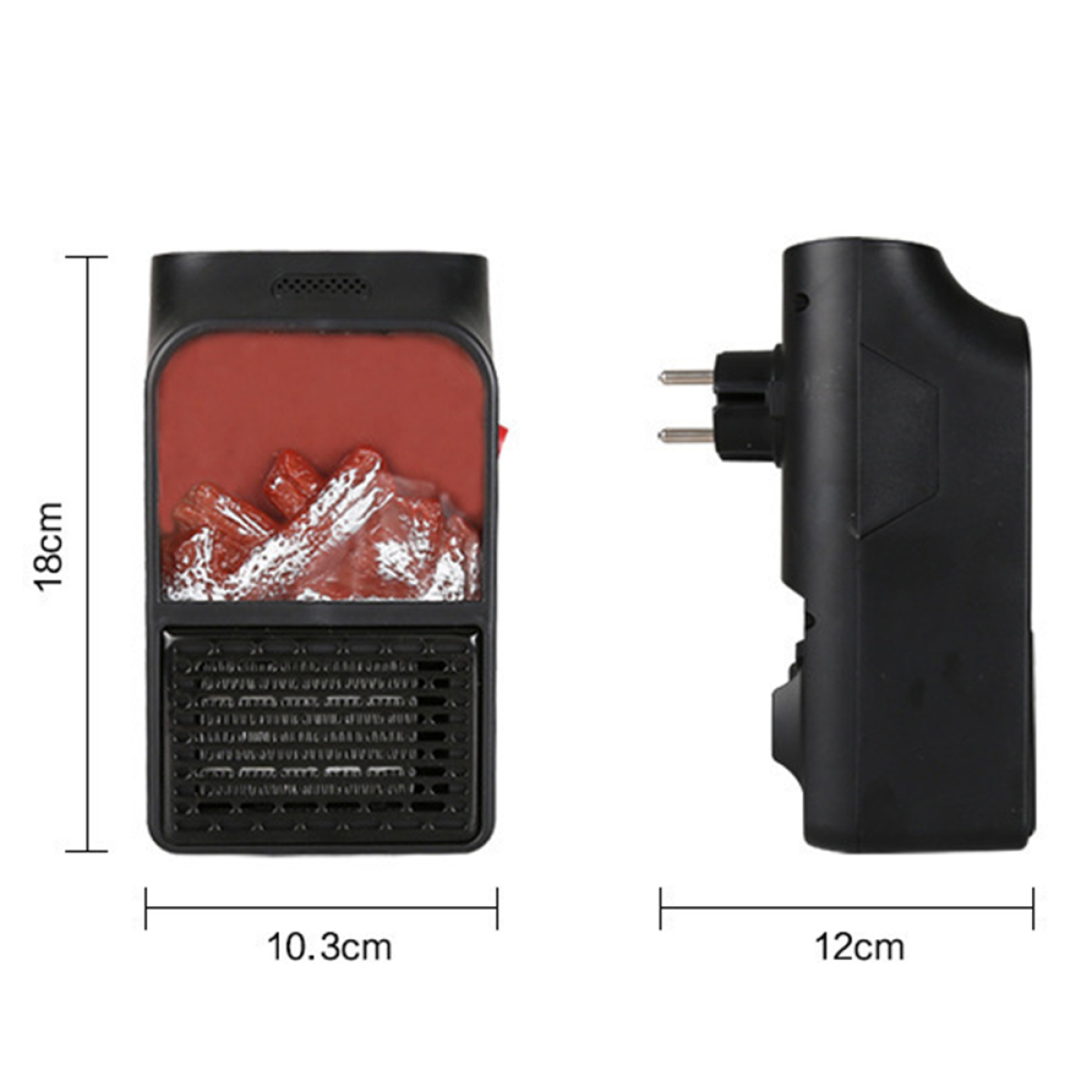 Schwarzer elektrischer Kaminofen mit Abmessungen und einem Steckeradapter.