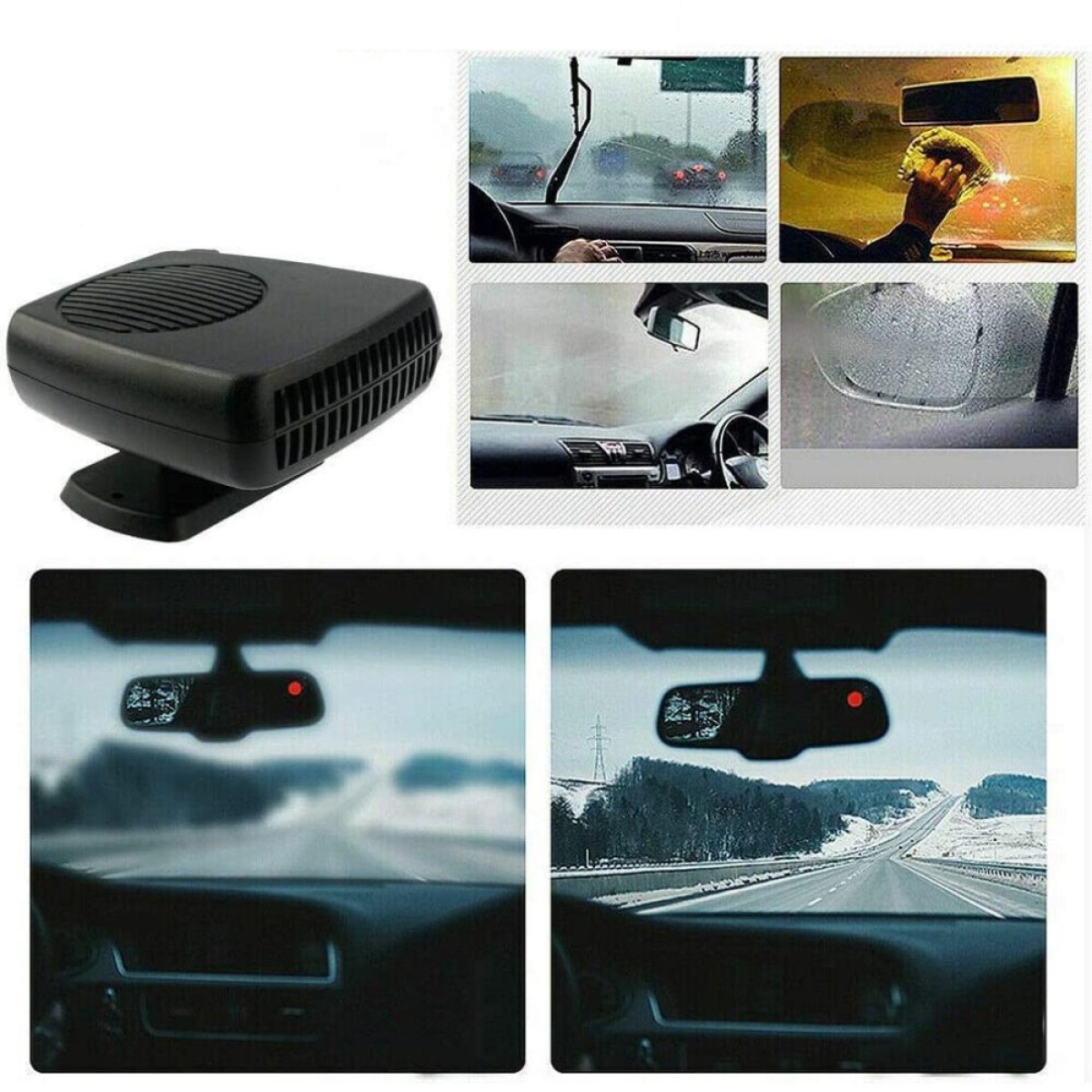 Auto-Enteisungsgerät mit Szenen, die das Enteisen im Gange und andere Autosituationen zeigen.