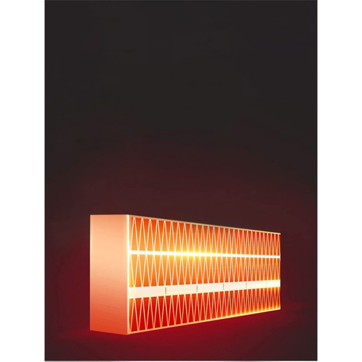 Eine rechteckige Struktur mit hellem orangefarbenem Licht. Sie hat einen dunklen Hintergrund.