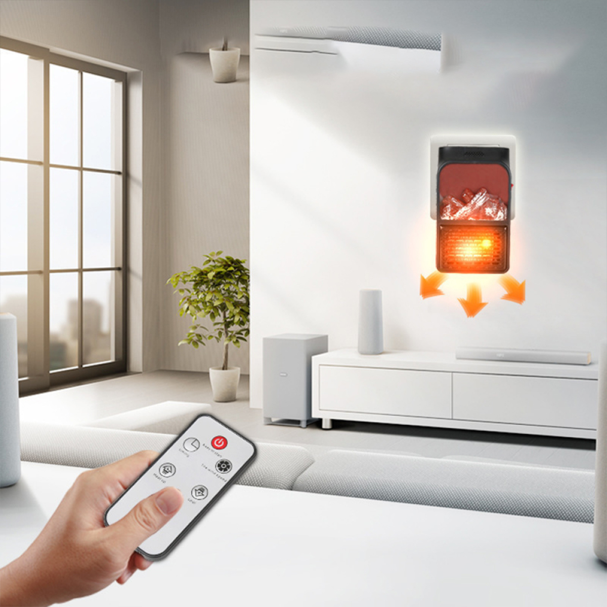 Eine Hand hält eine Fernbedienung auf einen elektrischen Kamin gerichtet. Der Kamin strahlt orangefarbenes Licht aus.