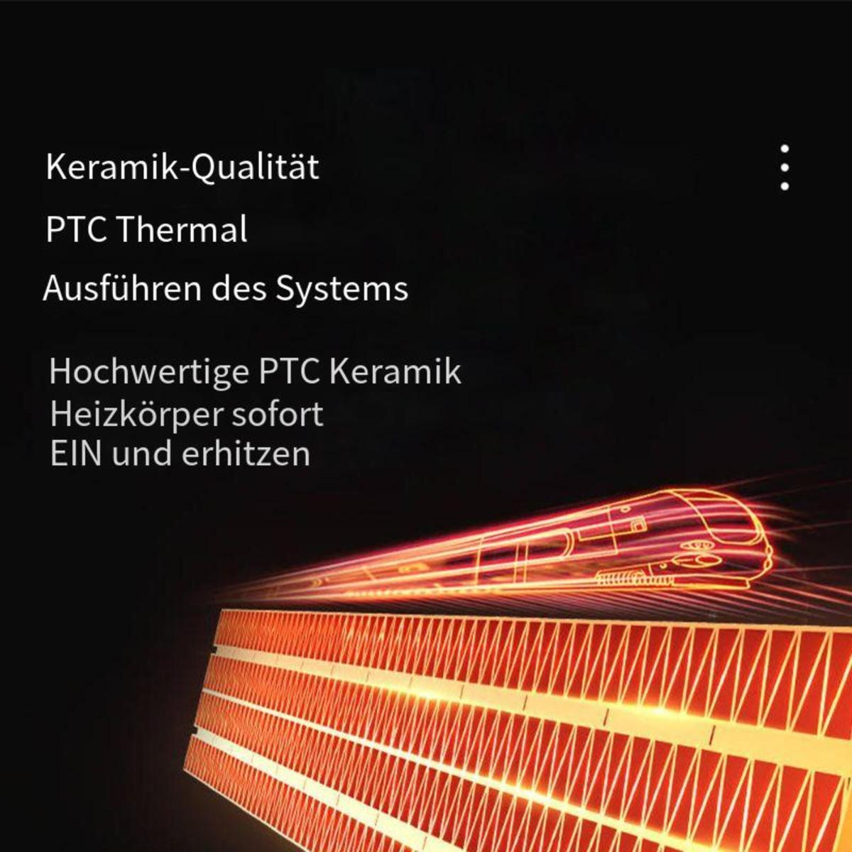 Text, der Heizmerkmale auflistet, und ein orangefarbenes Heizelement.