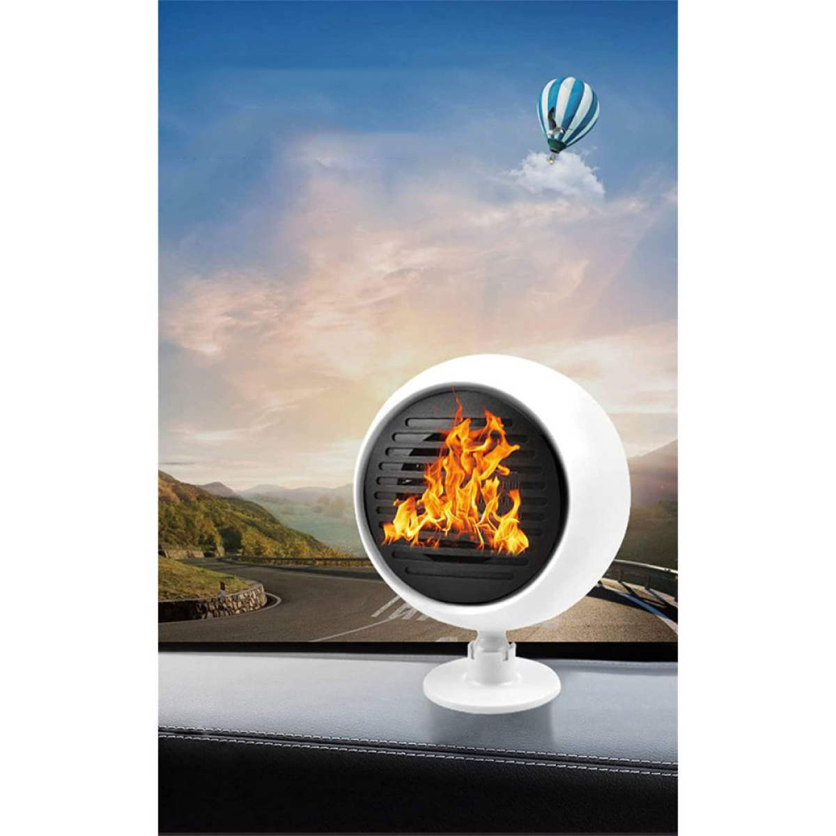 Eine weiße Autoheizung mit Flammen, vor dem Hintergrund einer Straße, Himmel und Heißluftballon.