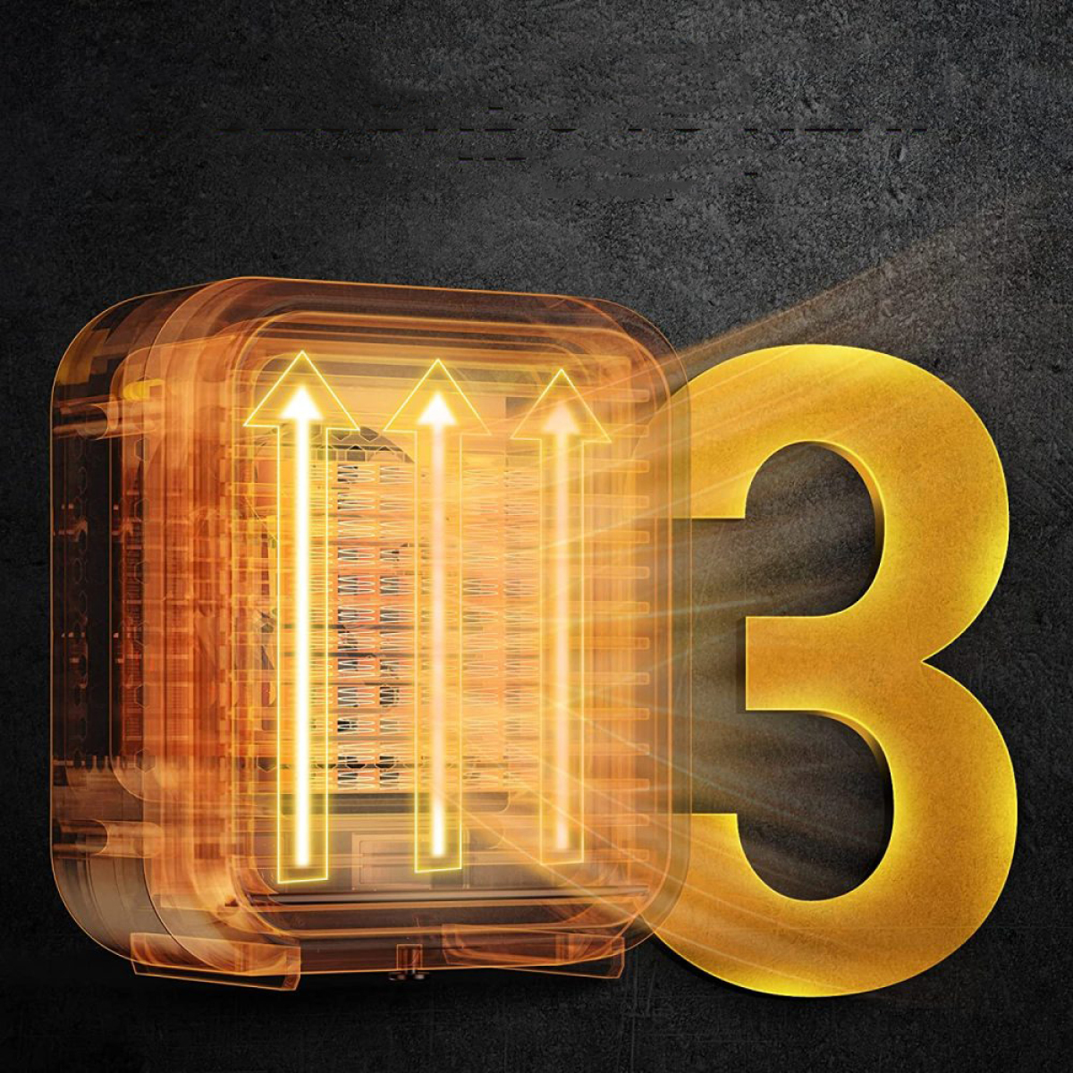 Ein transparentes, oranges Heizelement mit drei Pfeilen und der Zahl 3 in Gold.