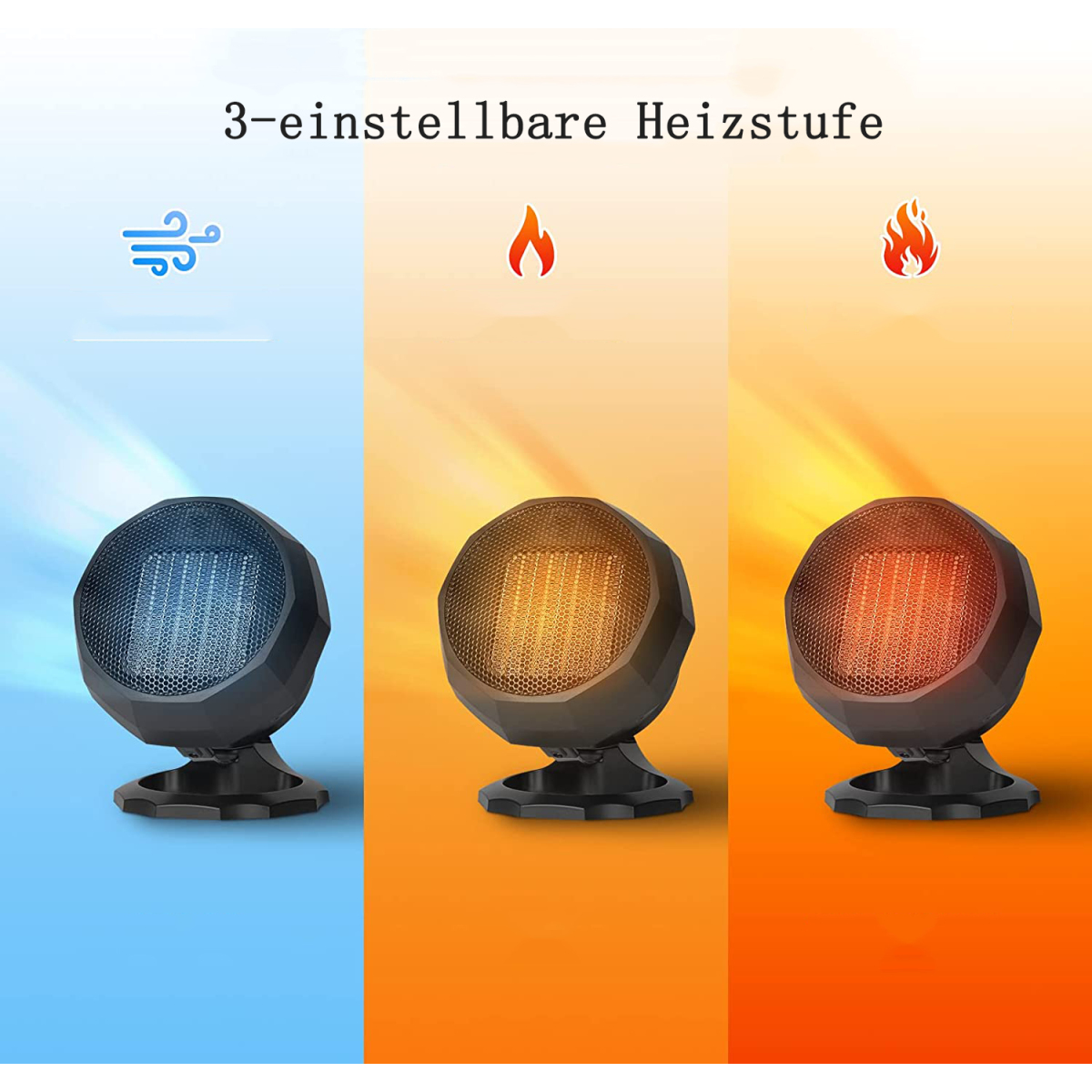 Schwarze Heizung mit drei Heizeinstellungen. Symbole stellen Wind, Flamme und hohe Flamme dar.