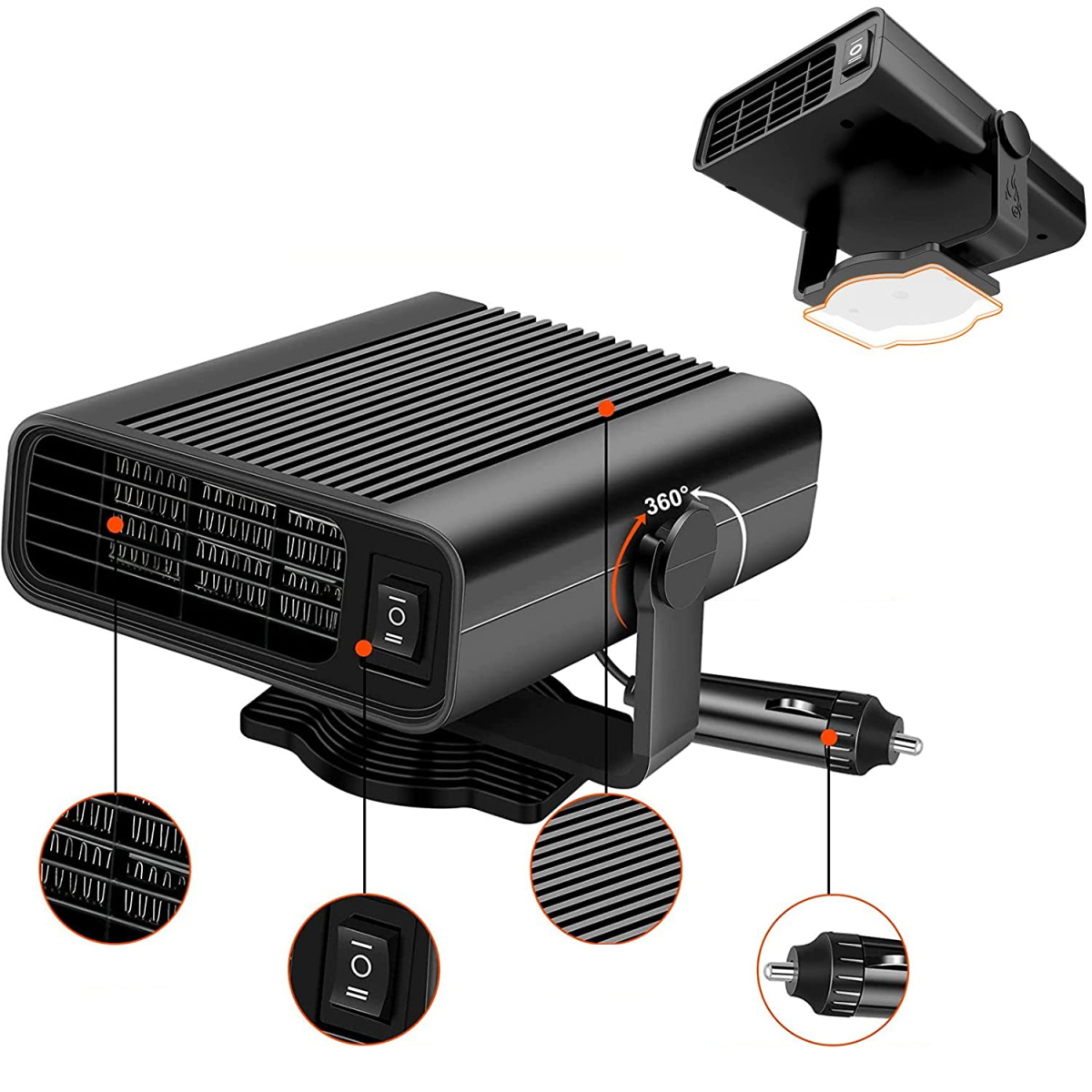 Eine schwarze Autoheizung mit Steuertasten, einem 360°-Einsteller und einem Netzstecker.