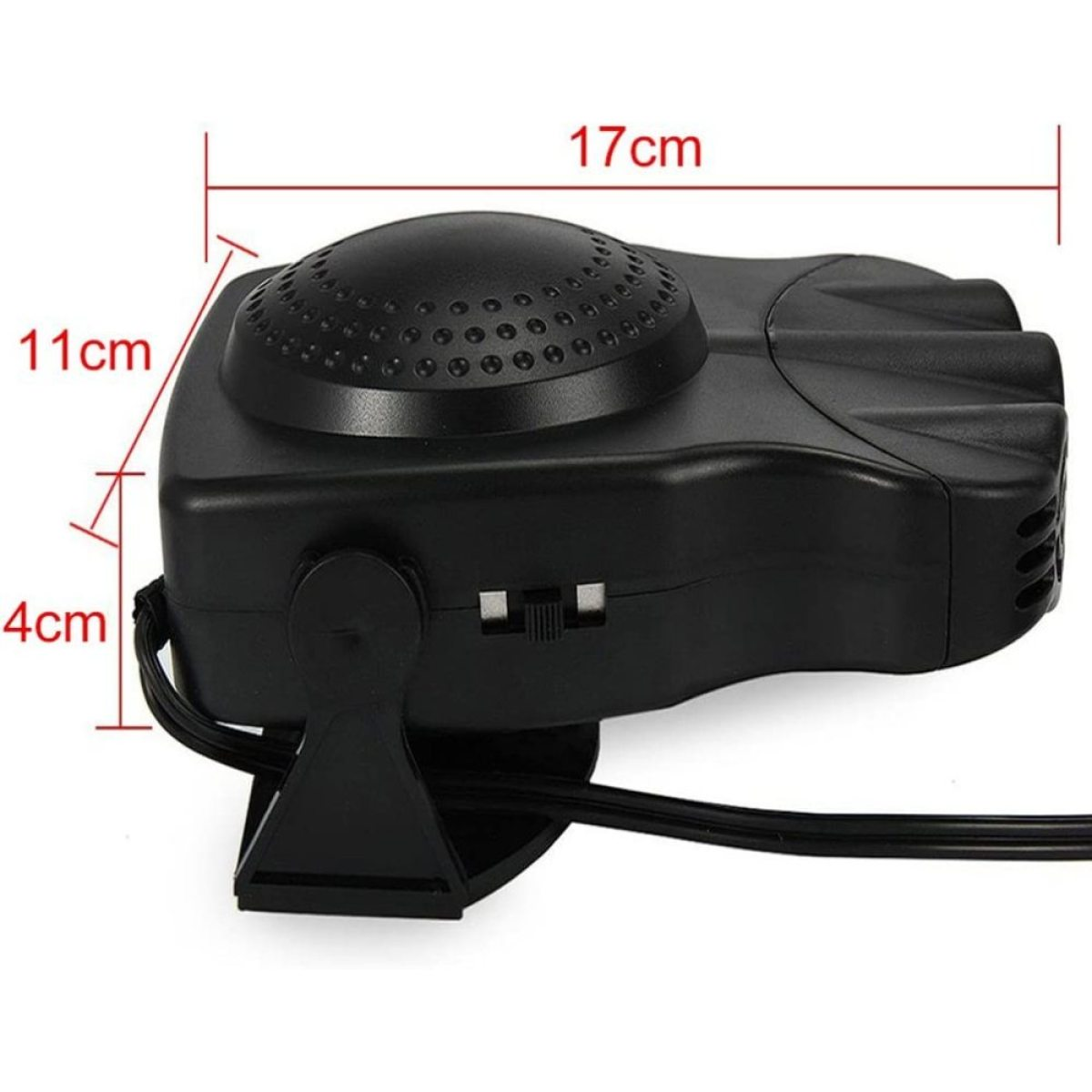Schwarze Autoheizung mit Beschriftung der Maße: 17 cm, 11 cm und 4 cm, auf weißem Grund.