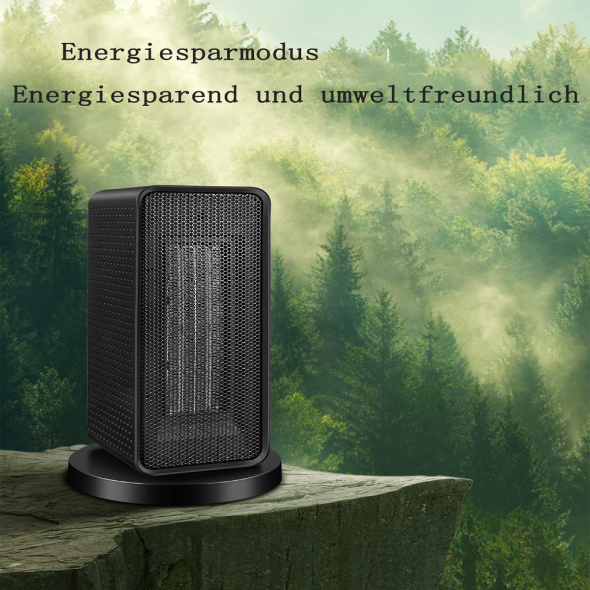 Schwarzer Elektroheizer auf einem Ständer vor verschwommener Waldszene und Text.