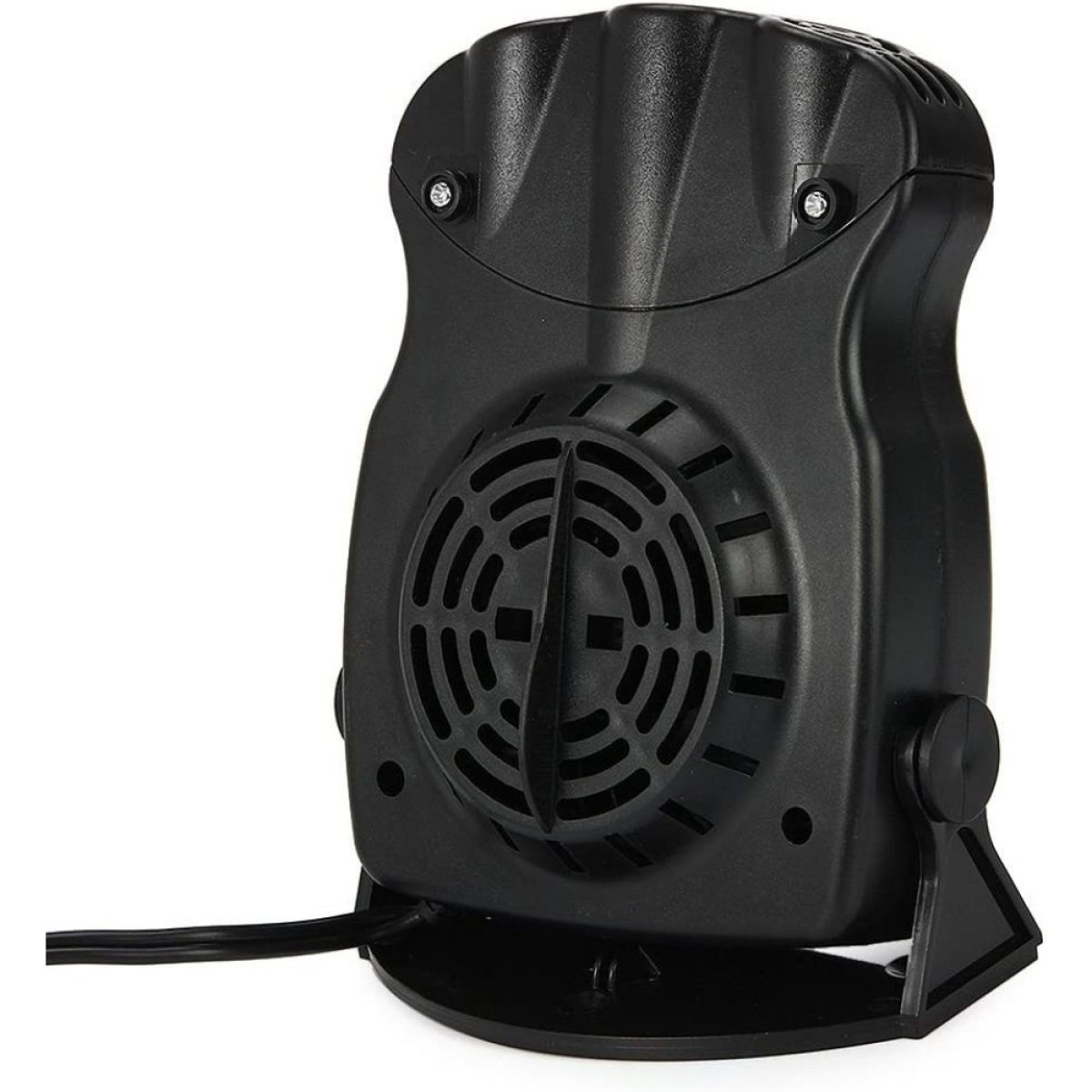 Schwarzer tragbarer Ventilator mit einem Gitter, und ein Ständer ist sichtbar.